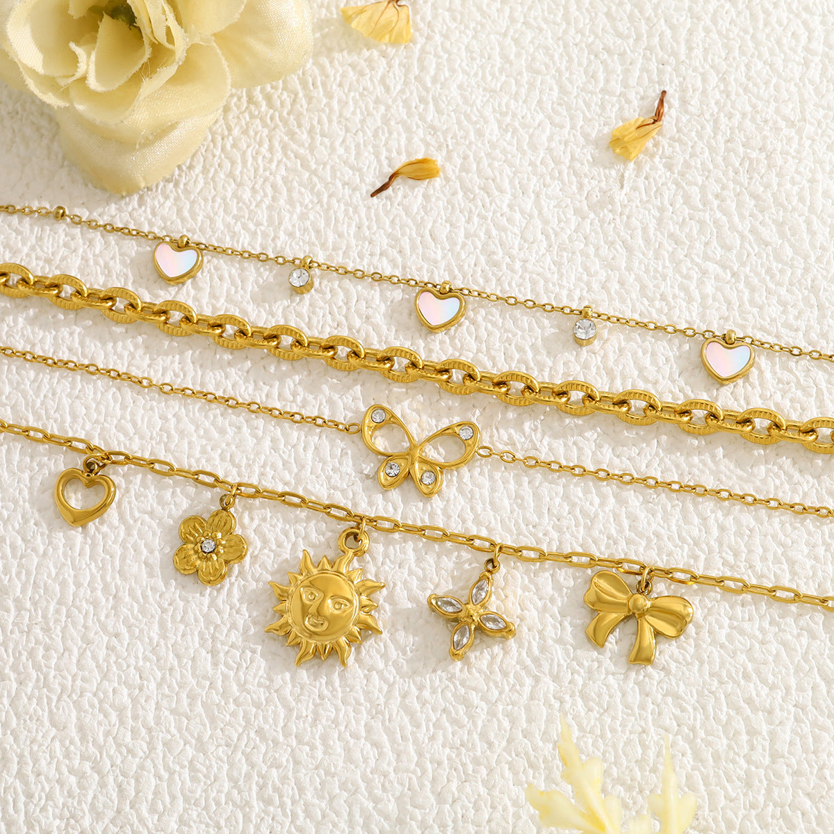 18K Gold Plated Titanium Steel Fashion Layered Butterfly Heart Flower Bracelet Set – Luxe Versatile Design