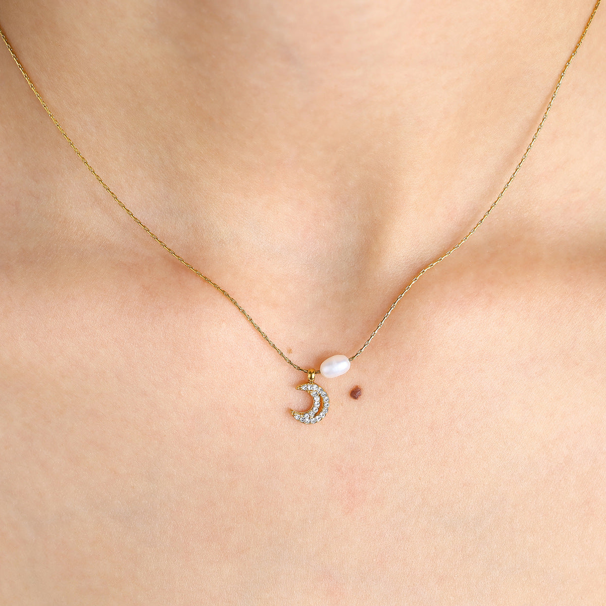 Elegant Freshwater Pearl & Moon Pendant Necklace & Bracelet Set