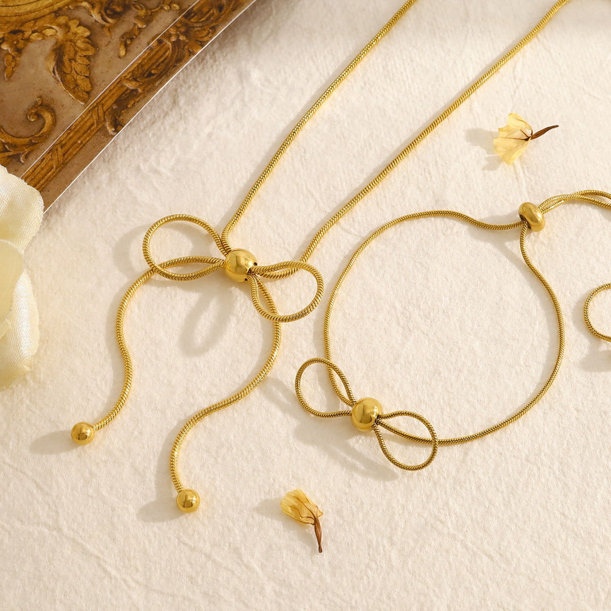 18K Gold Plated Stainless Steel Creative Tassel Bead Pull Butterfly Design Pendant Necklace Bracelet Set