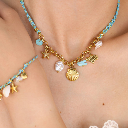 18K Gold Plated Titanium Steel Bohemian Woven Cord Ocean Element Pendant Necklace & Bracelet Set