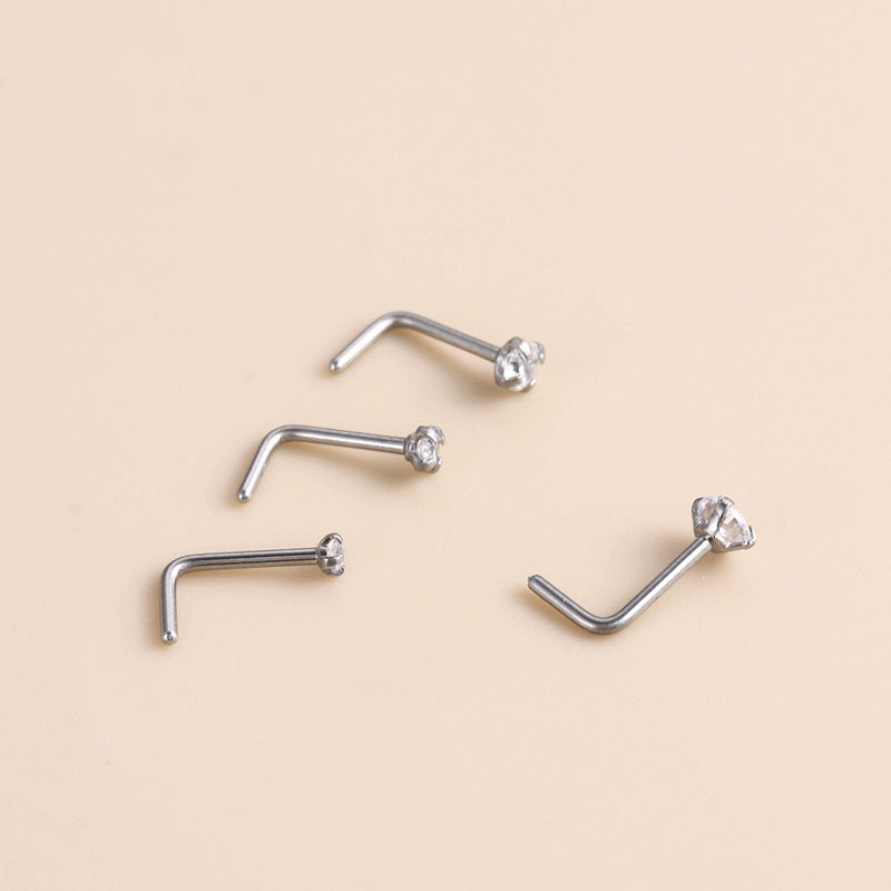 G23 Titanium Zircon-Set L-Bar Nose Stud – Stylish and Durable Body Piercing Jewelry