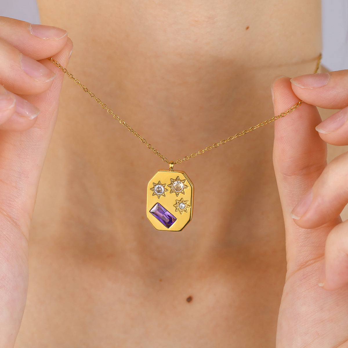 Stylish Colored Zircon Necklace | 18K Gold Star & Geometric Titanium Clavicle Necklace | Round & Geometric Pendant Designs
