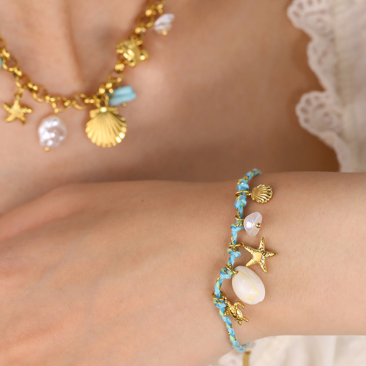 18K Gold Plated Titanium Steel Bohemian Woven Cord Ocean Element Pendant Necklace & Bracelet Set