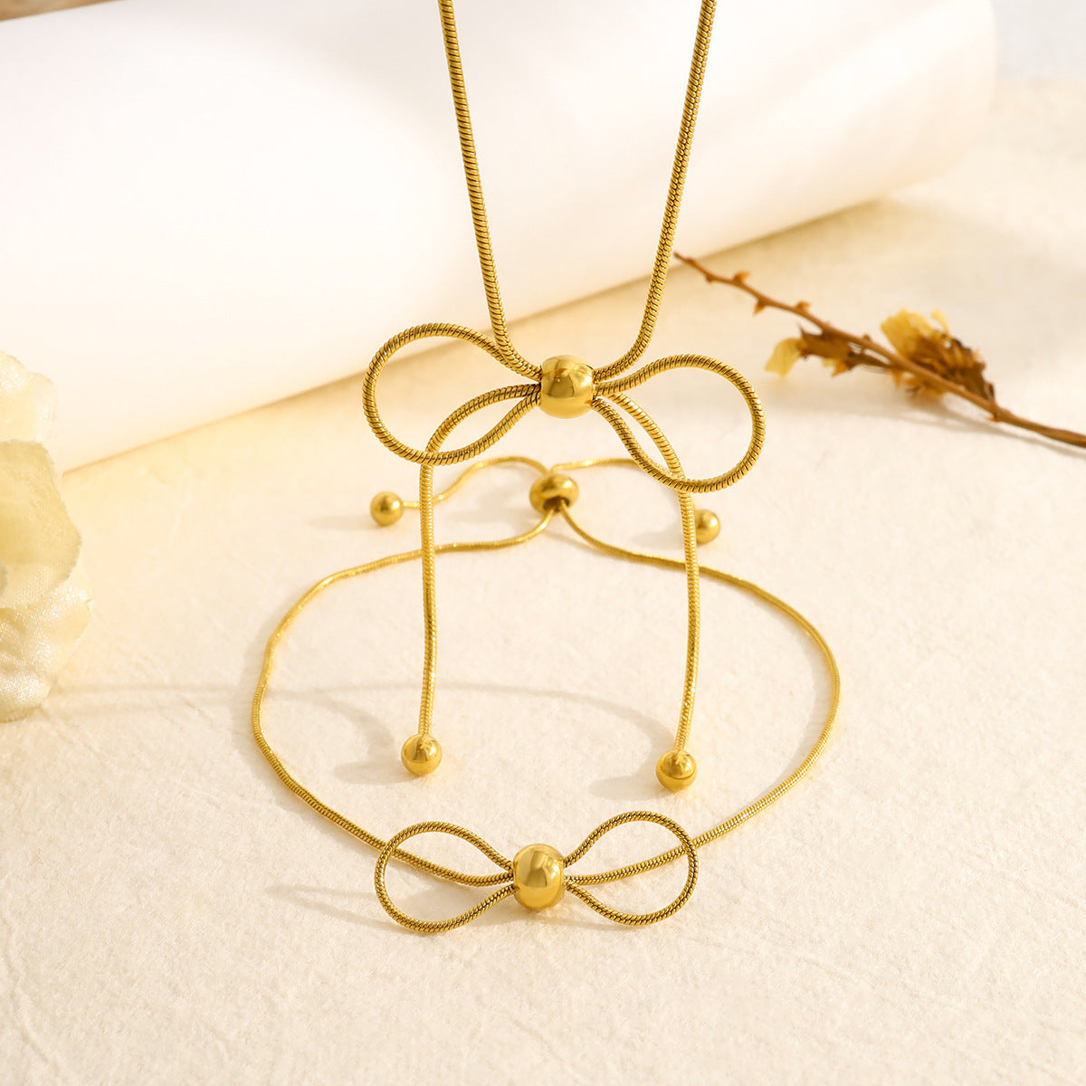 18K Gold Plated Stainless Steel Creative Tassel Bead Pull Butterfly Design Pendant Necklace Bracelet Set