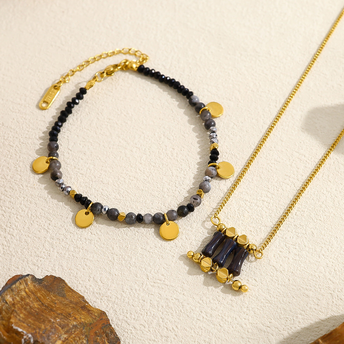 18K Gold Plated Titanium Steel Natural Stone Pendant Necklace & Bracelet Set – Non-Fading Luxury Design