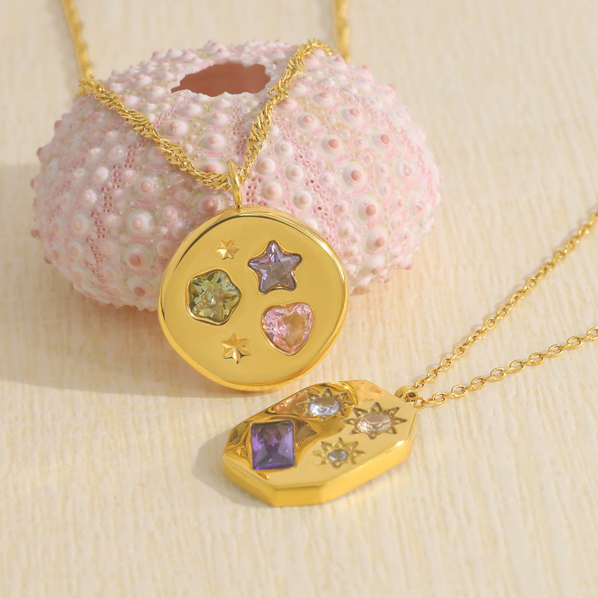 Stylish Colored Zircon Necklace | 18K Gold Star & Geometric Titanium Clavicle Necklace | Round & Geometric Pendant Designs