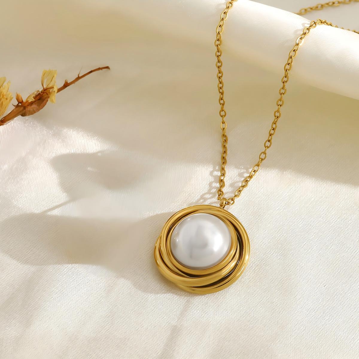18K Gold Plated Titanium Steel Rose Flower Pearl Pendant Necklace - Fashion Luxurious Chain Jewelry