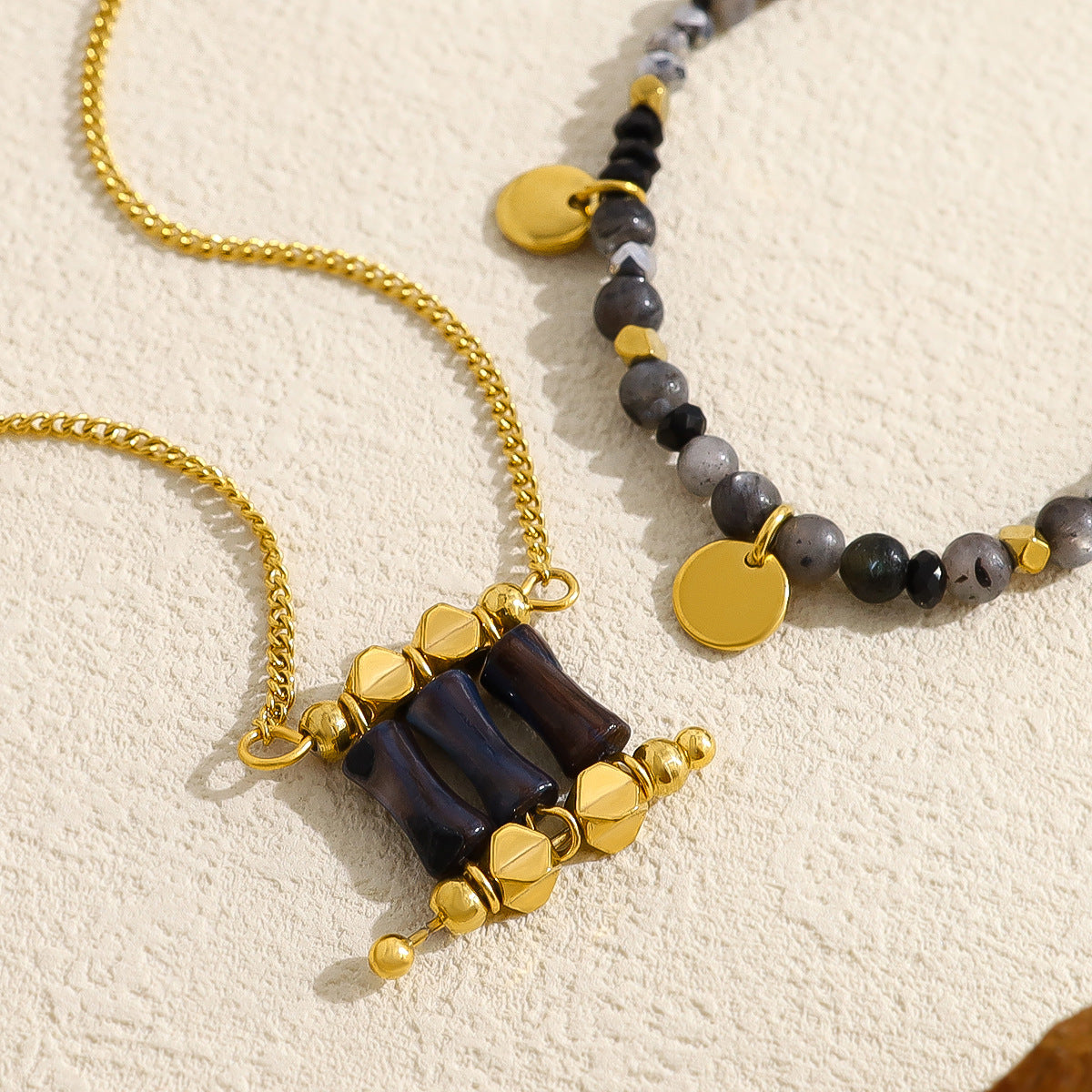 18K Gold Plated Titanium Steel Natural Stone Pendant Necklace & Bracelet Set – Non-Fading Luxury Design