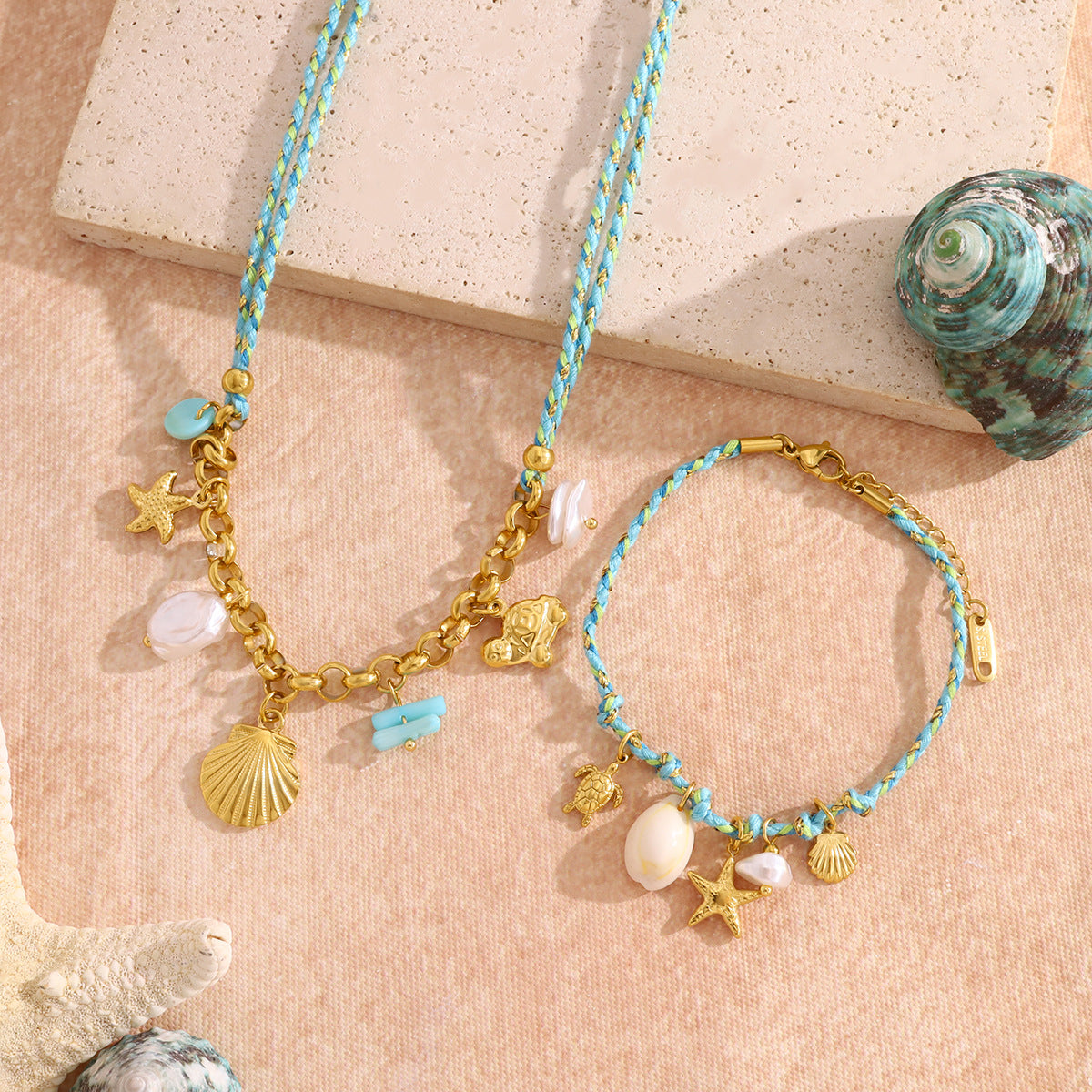 18K Gold Plated Titanium Steel Bohemian Woven Cord Ocean Element Pendant Necklace & Bracelet Set