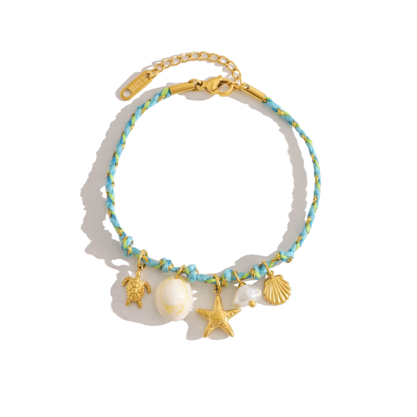 18K Gold Plated Titanium Steel Bohemian Woven Cord Ocean Element Pendant Necklace & Bracelet Set