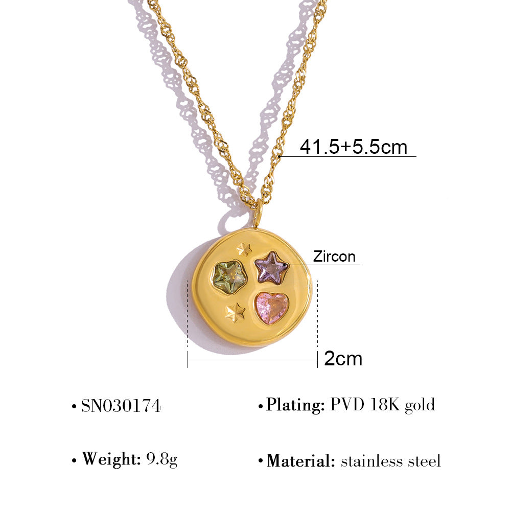 Stylish Colored Zircon Necklace | 18K Gold Star & Geometric Titanium Clavicle Necklace | Round & Geometric Pendant Designs