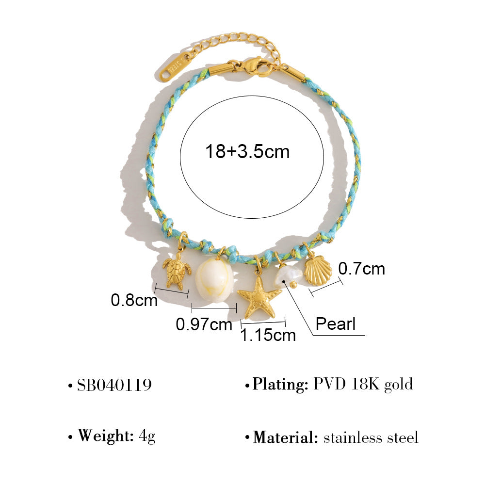 18K Gold Plated Titanium Steel Bohemian Woven Cord Ocean Element Pendant Necklace & Bracelet Set
