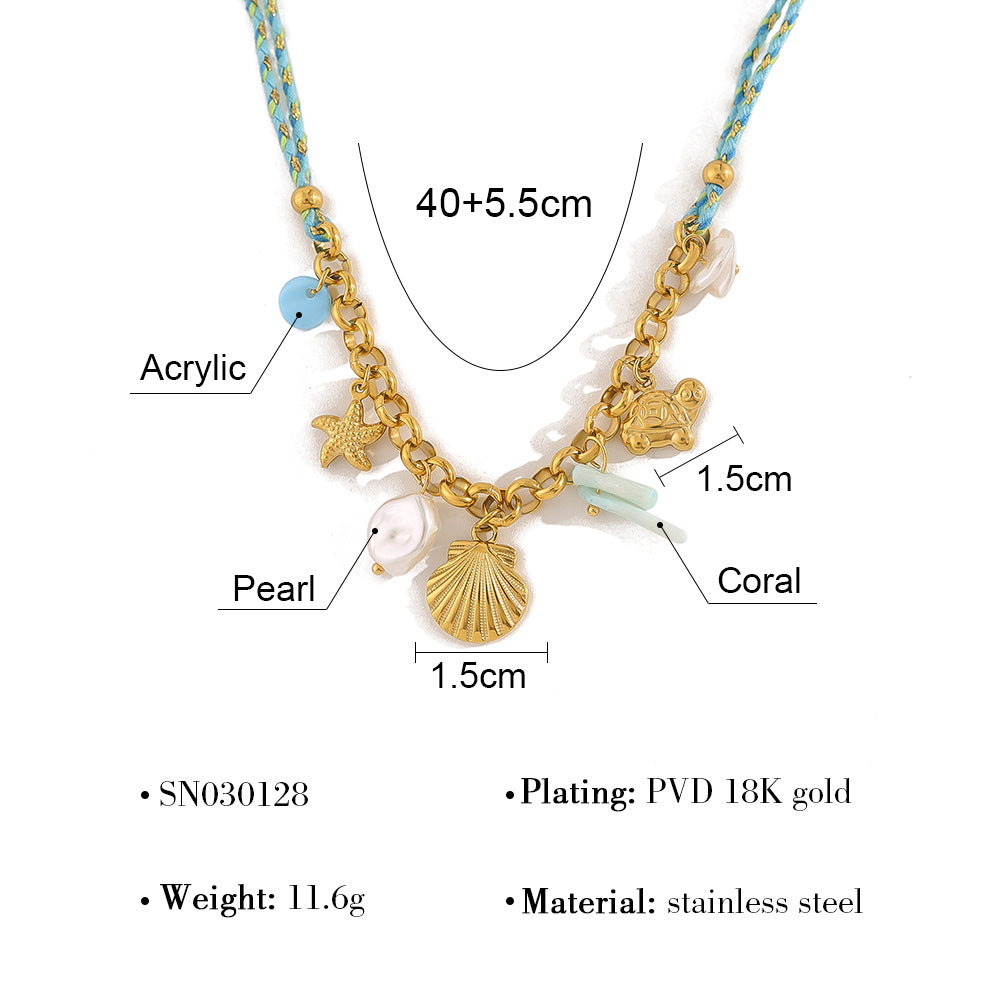 18K Gold Plated Titanium Steel Bohemian Woven Cord Ocean Element Pendant Necklace & Bracelet Set