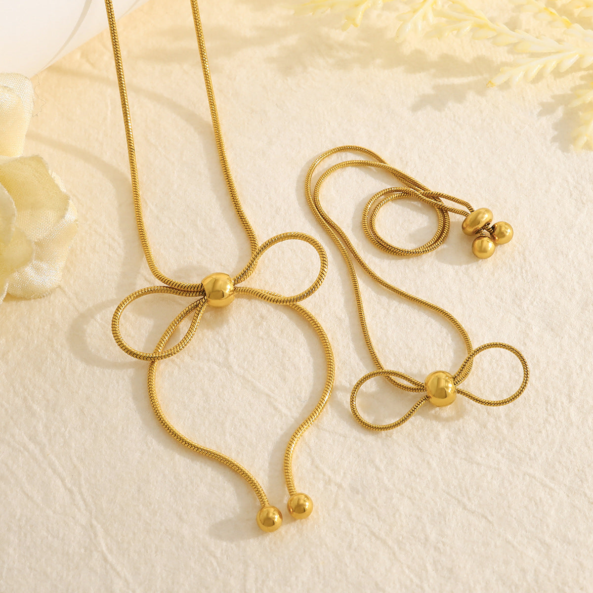 18K Gold Plated Stainless Steel Creative Tassel Bead Pull Butterfly Design Pendant Necklace Bracelet Set
