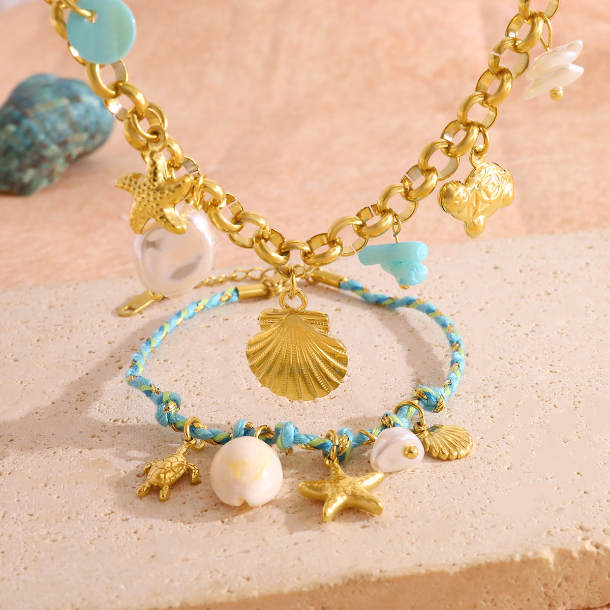 18K Gold Plated Titanium Steel Bohemian Woven Cord Ocean Element Pendant Necklace & Bracelet Set