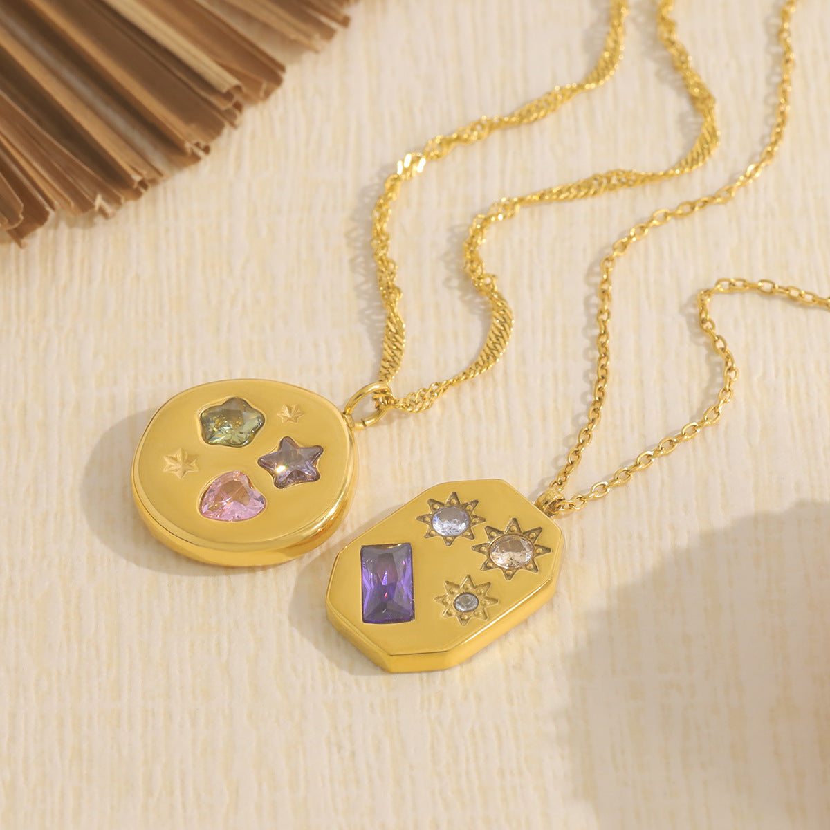 Stylish Colored Zircon Necklace | 18K Gold Star & Geometric Titanium Clavicle Necklace | Round & Geometric Pendant Designs
