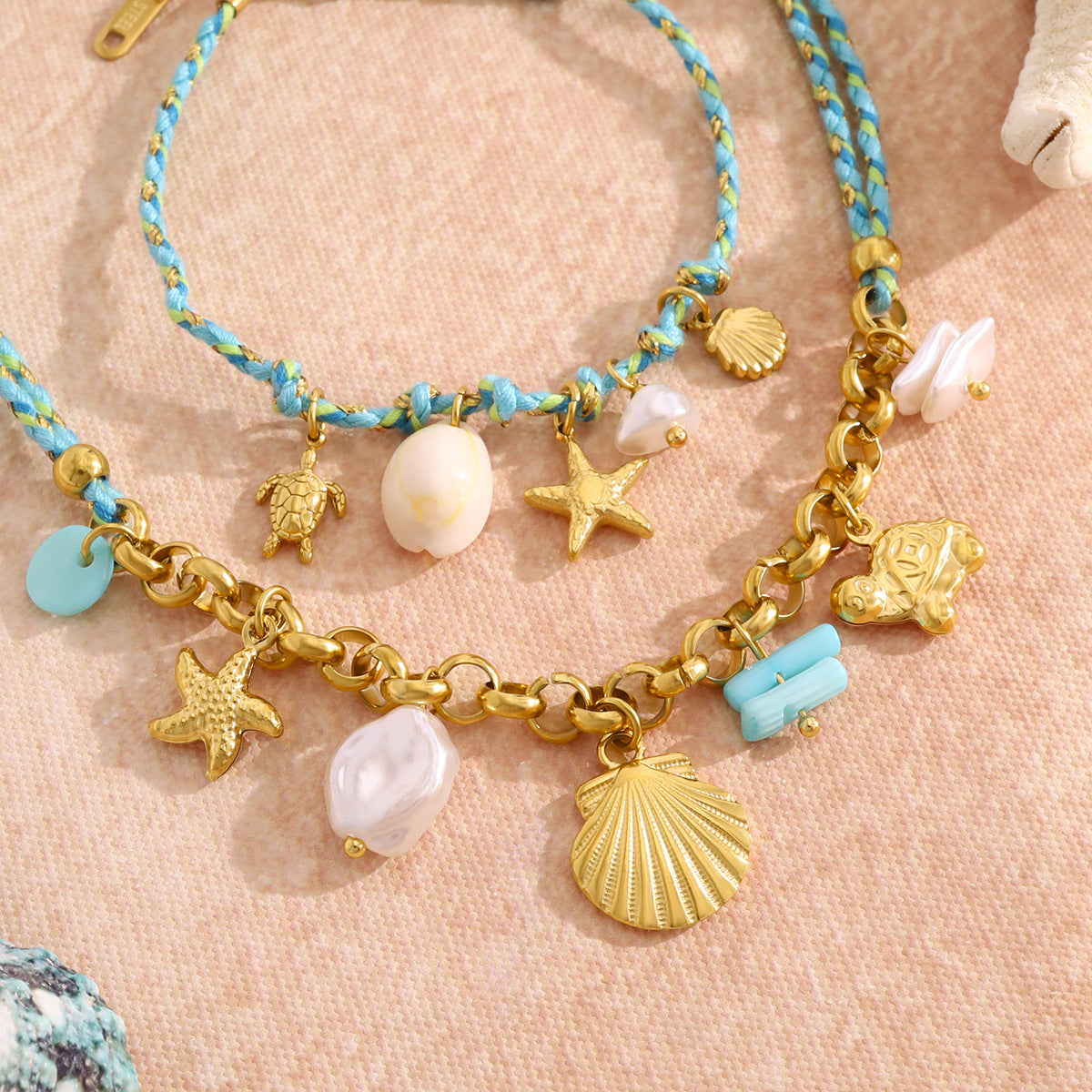 18K Gold Plated Titanium Steel Bohemian Woven Cord Ocean Element Pendant Necklace & Bracelet Set