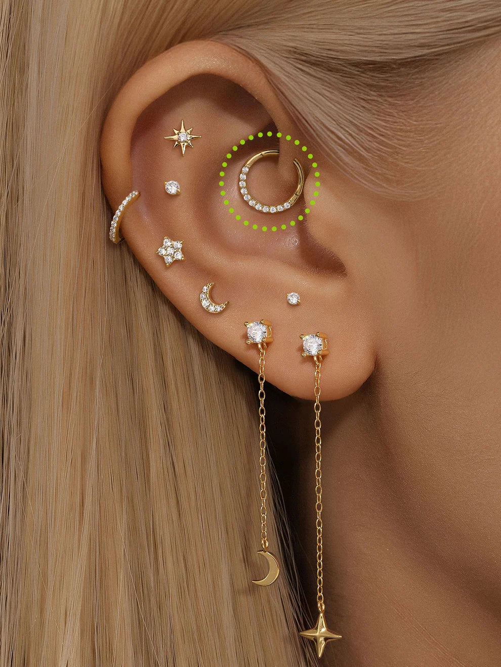 14K Gold Round Zircon Piercing Earrings Stacks