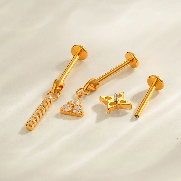F136 Titanium Internally-Threaded Zirconia Pendant Stud — Star & Hexagram Flat-Back Cartilage Jewelry