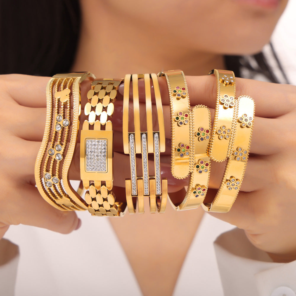 Geometric Stainless Steel Bangle with Czech Diamond & Color Ceramic Glaze – Layered Retro Bracelet Collection | WANTI Jewelry