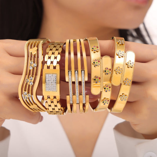 Geometric Stainless Steel Bangle with Czech Diamond & Color Ceramic Glaze – Layered Retro Bracelet Collection | WANTI Jewelry