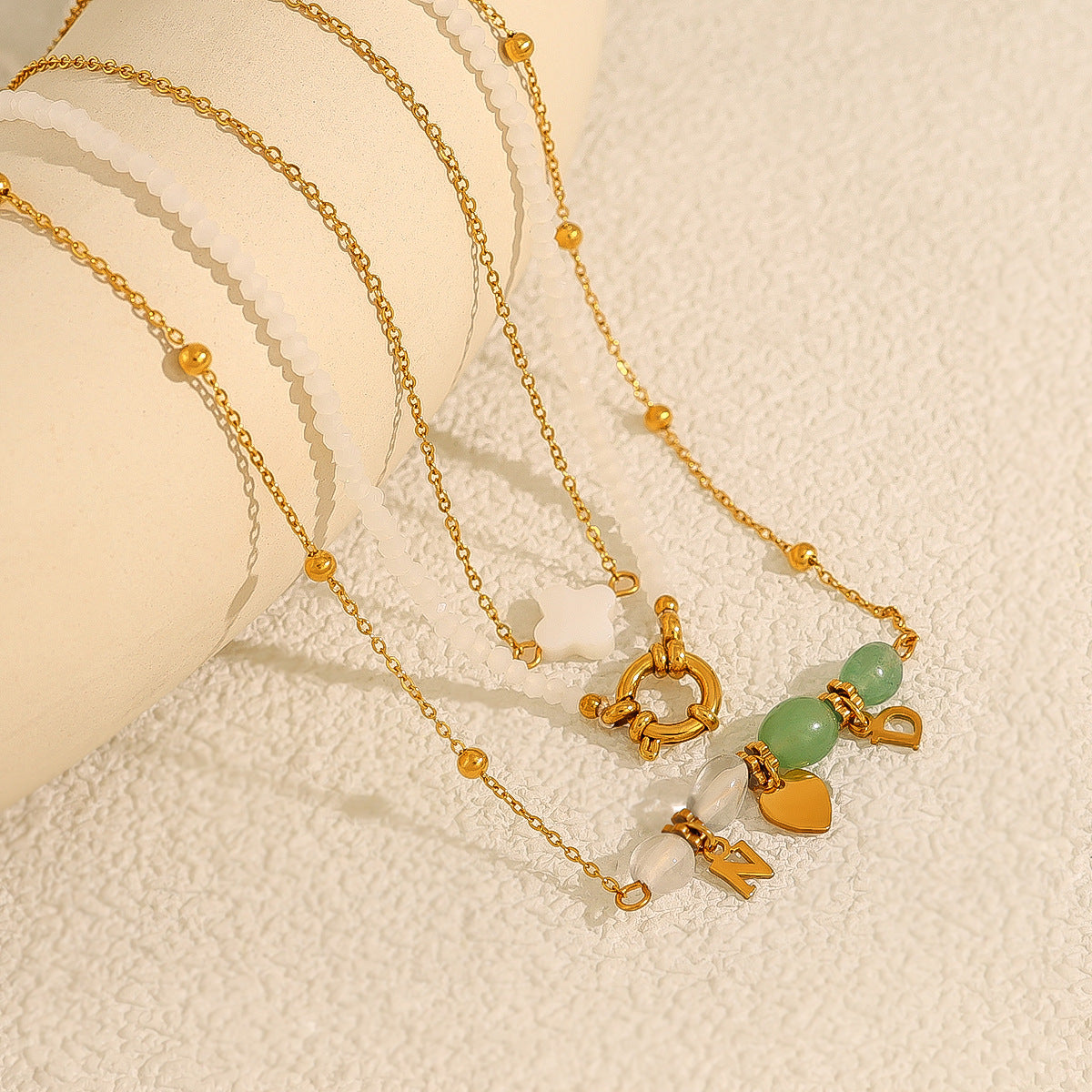 18K Gold Plated Titanium Steel Beaded Heart Pendant Necklace | Fashion Jewelry Set