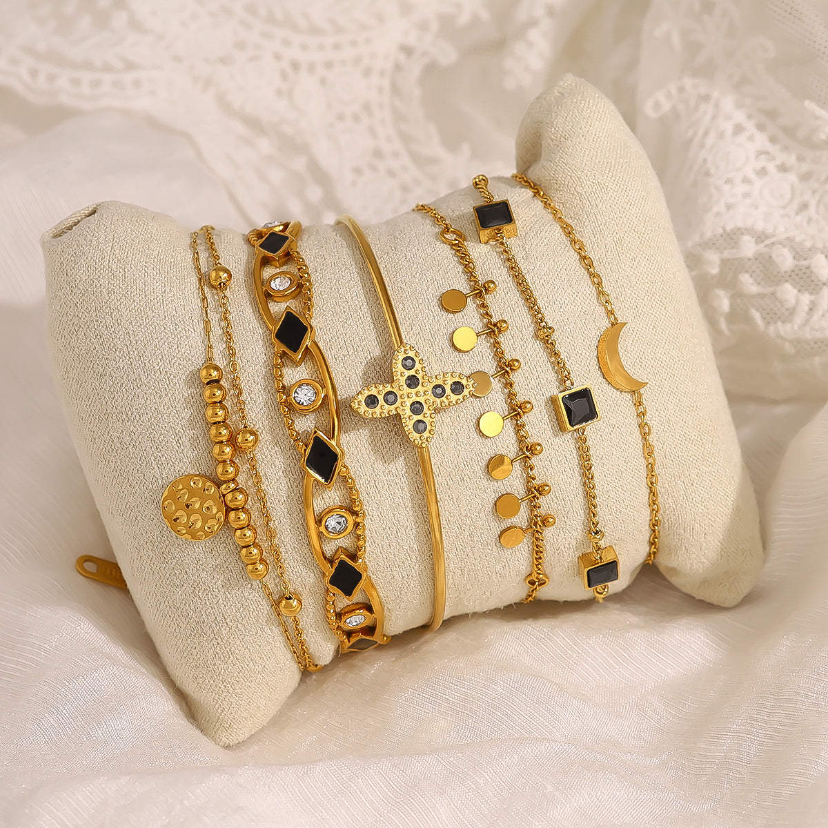 18K Gold Plated Titanium Steel Crystal Moon & Cross Pendant Bracelet | Elegant Fashion Jewelry