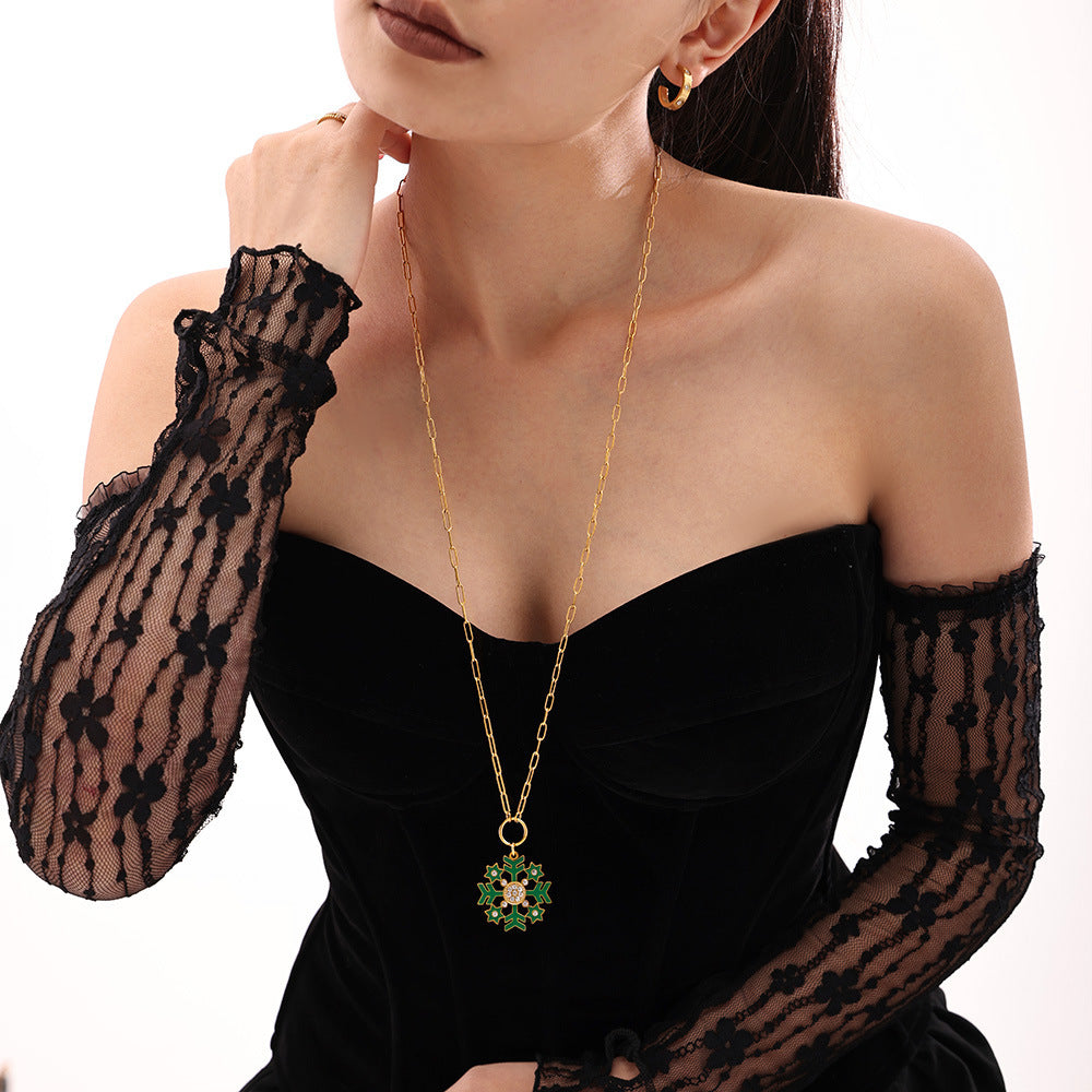 Gold Stainless Steel Christmas Snowflake Long Necklace – White, Green & Red Enamel Pendant Holiday Jewelry
