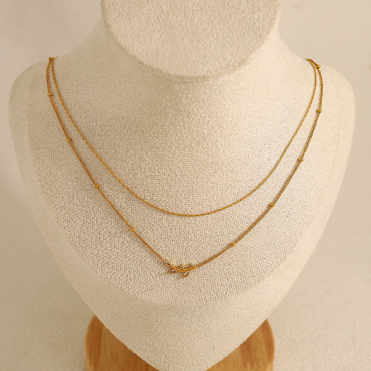 18K Gold Plated Titanium Steel Olive Leaf Pendant Necklace with Double Layered Crystal | Elegant Fashion Jewelry