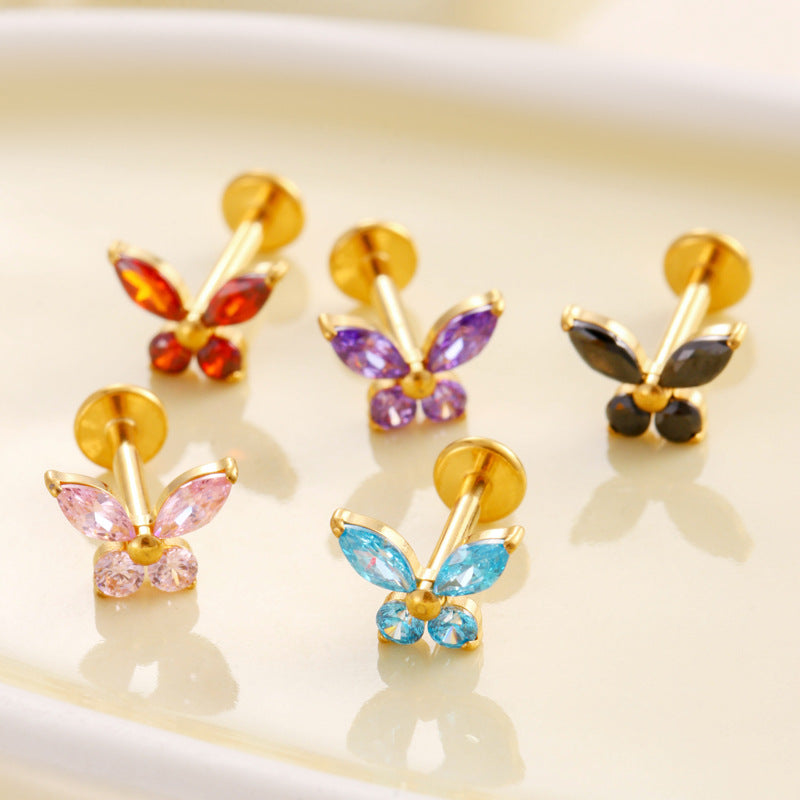 F136 Titanium Butterfly Zirconia Piercing - 1.2*8mm Lip & Cartilage Stud with Internal Thread