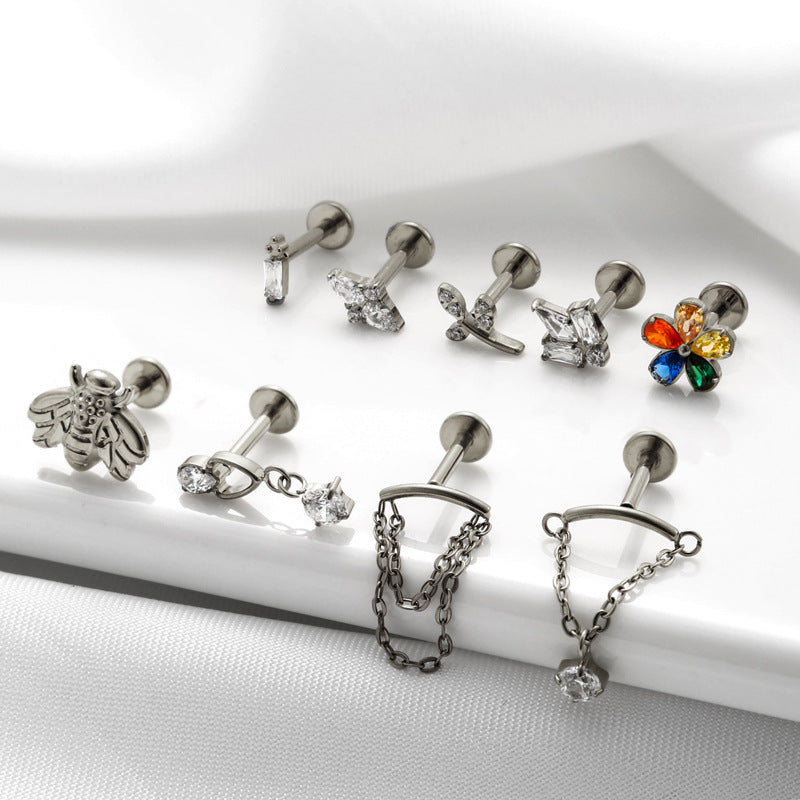 G23/F136 Titanium CZ Chain Tassel Cartilage Stud – Internally Threaded Flat-Back Piercing Jewelry