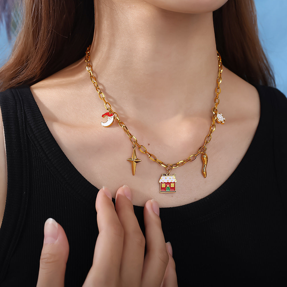 Halloween Christmas Gold Plated Stainless Steel Necklace - Heart Tree Tassel Pendant - Drip Oil Design - Minimalist Fashion Jewelry for Women