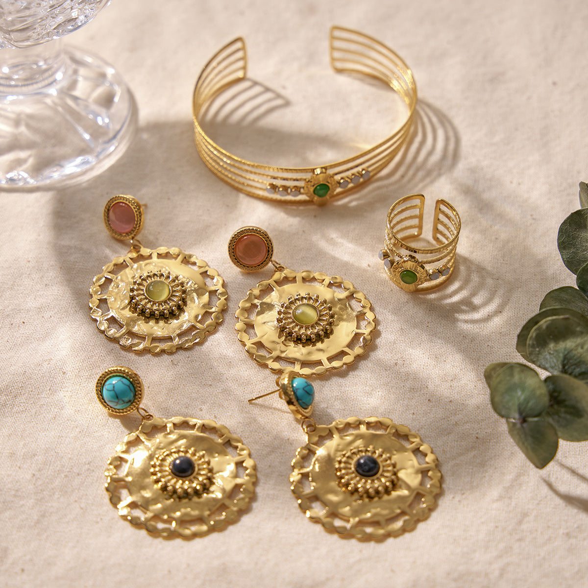 Natural Stone Floral Hoop Earrings – Stainless Steel Turquoise & Opal Drop Earrings for Women