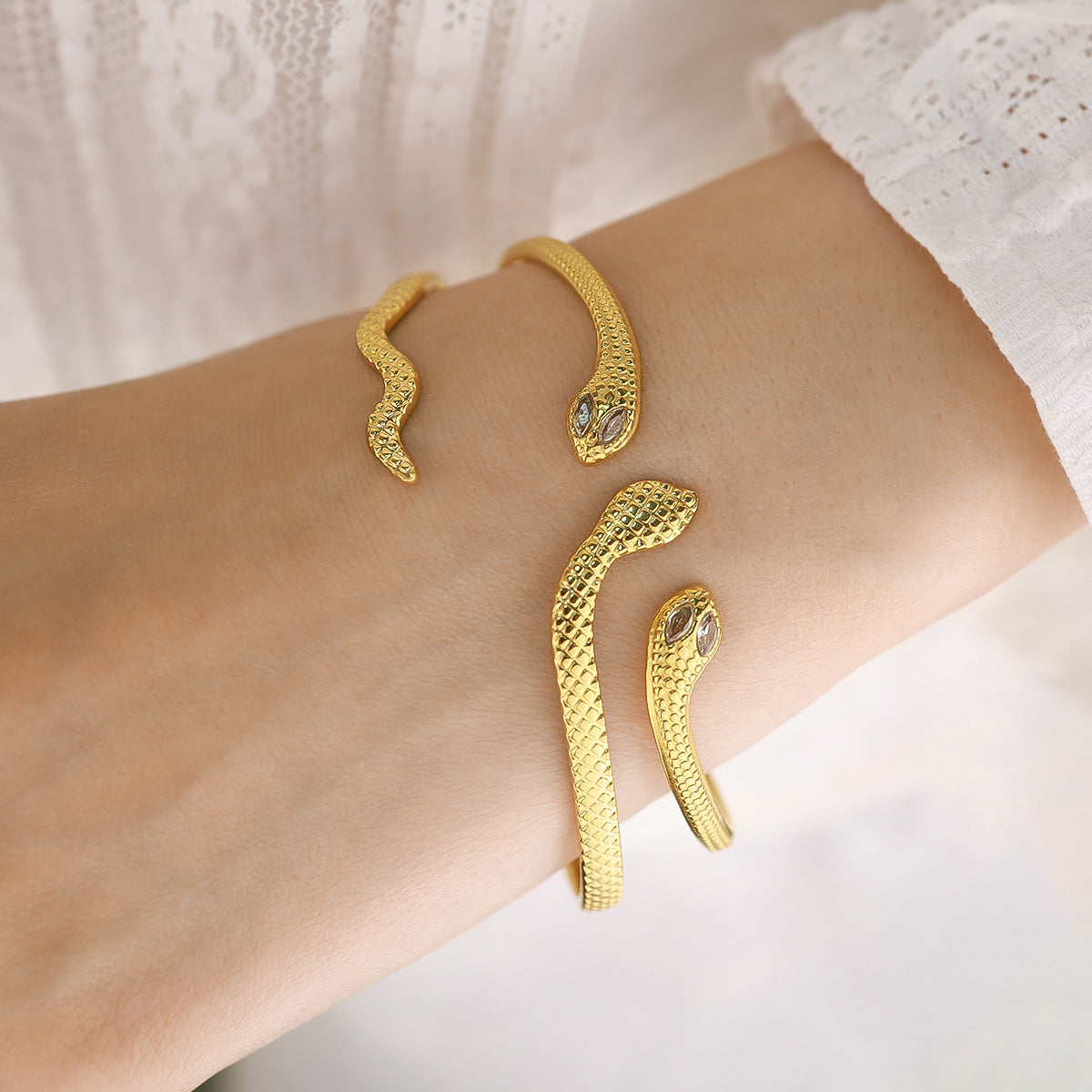 18K Gold-Plated Stainless Steel Zircon Snake Cuff Bracelet | Elegant Serpentine Bangle