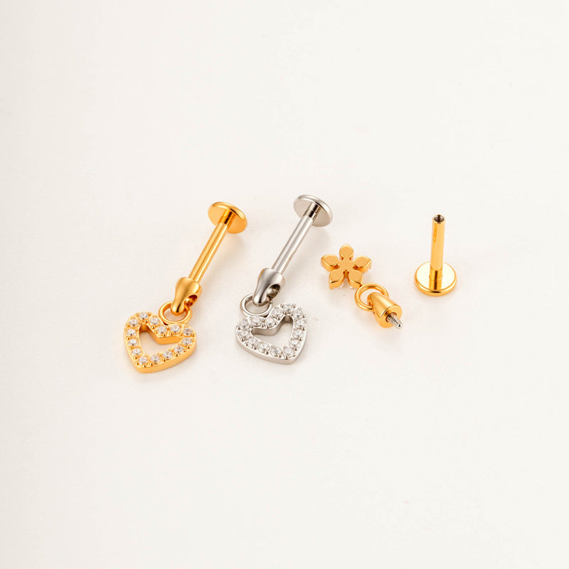 G23/F136 Titanium Internally Threaded Flat Back Lip Stud & Earring – Zircon Flower & Heart Dangle Piercing Jewelry for Women, Gold & Silver