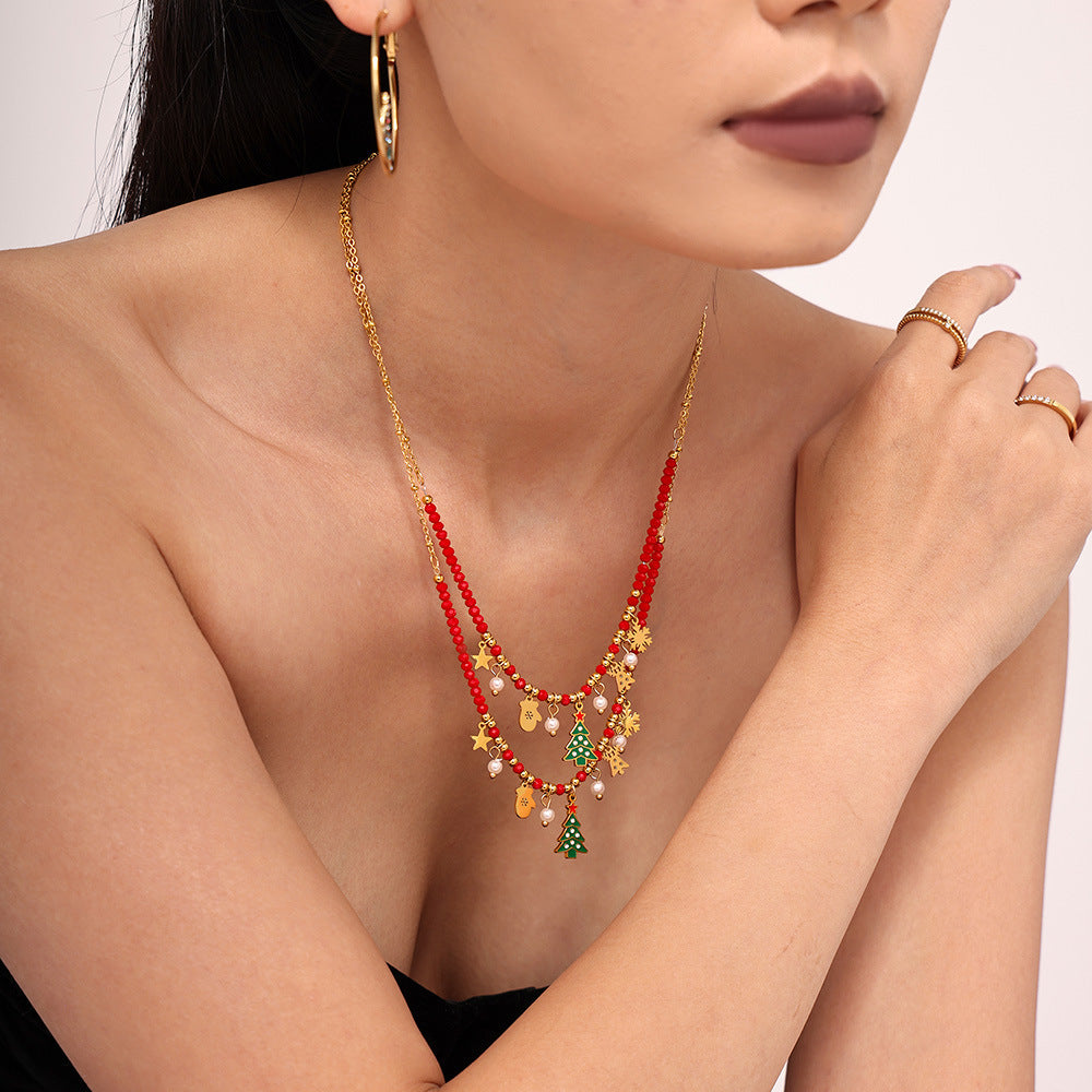 Gold Stainless Steel Christmas Tree Star Snowflake Pendant Necklace | Festive Zircon Holiday Jewelry Gift