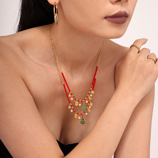 Gold Stainless Steel Christmas Tree Star Snowflake Pendant Necklace | Festive Zircon Holiday Jewelry Gift