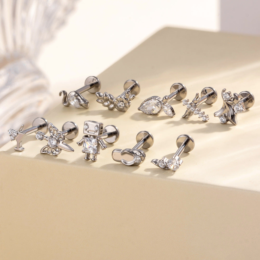 G23/F136 Titanium Internally Threaded CZ Flat-Back Cartilage Stud Earrings