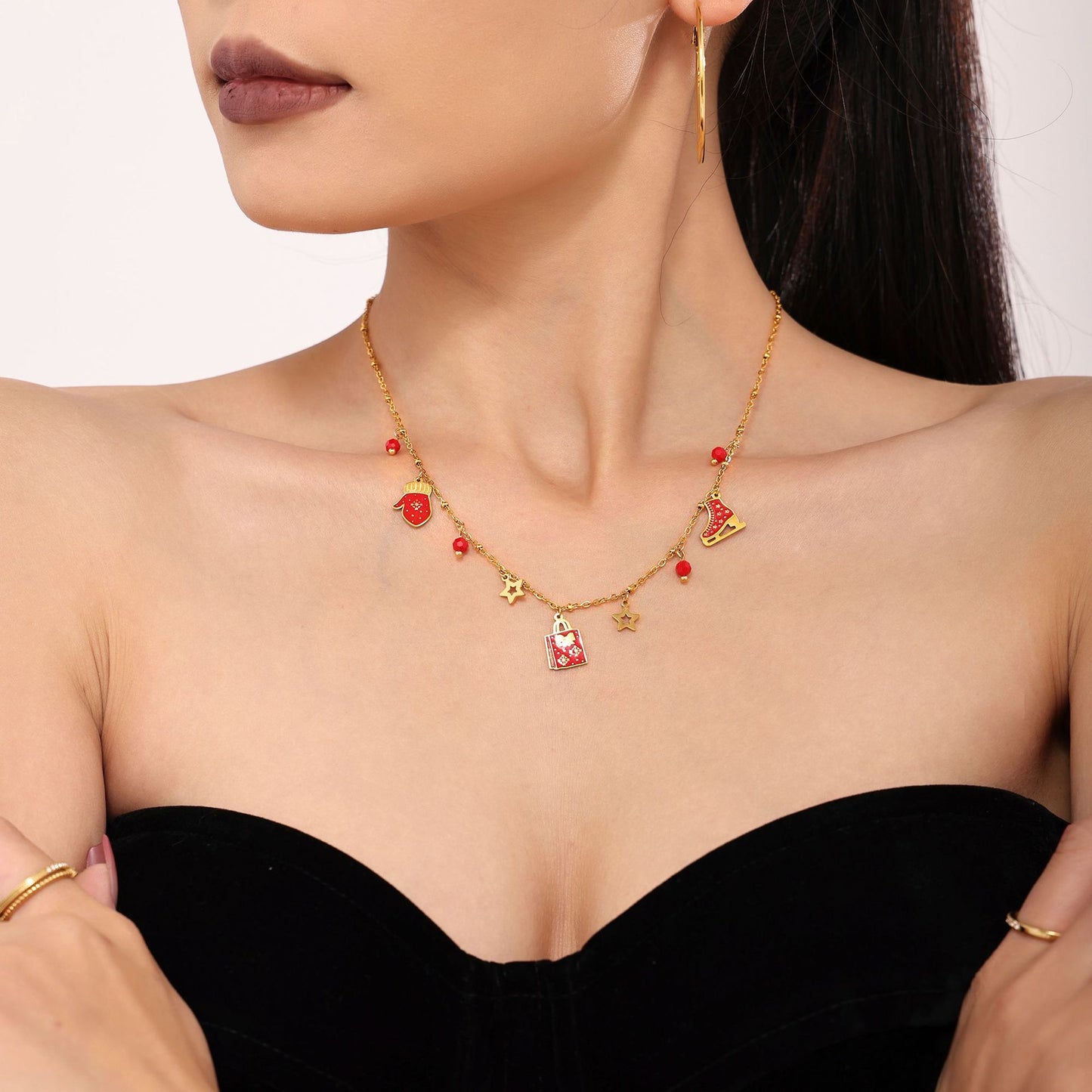 Gold Stainless Steel Garnet Christmas Necklace & Bracelet | Festive Gift Jewelry Set for Women