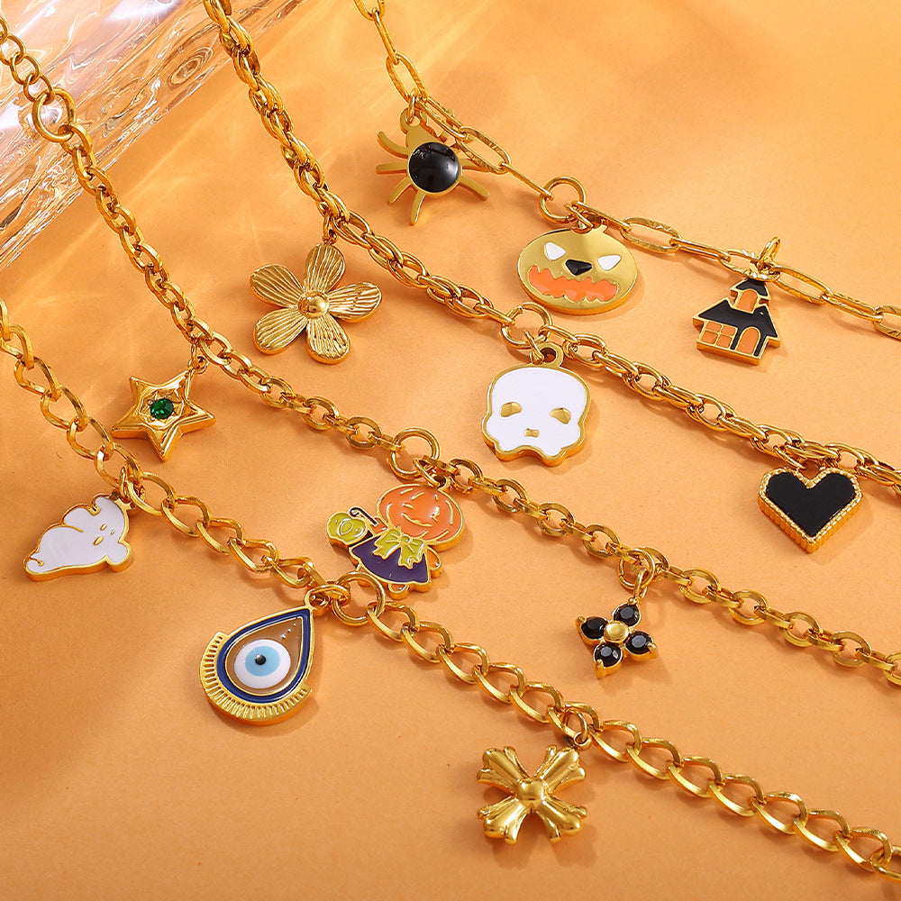 Gold-Plated Stainless Steel Halloween / Christmas Heart & Tree Tassel Pendant Bracelet | Elegant Festive Jewelry