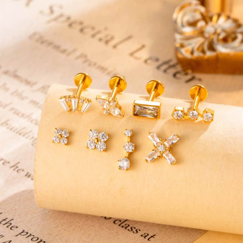 G23/F136 Titanium Internally Threaded CZ Flat-Back Cartilage Stud Earrings – Hypoallergenic Piercing Jewelry for Helix, Tragus, Conch & Lobe