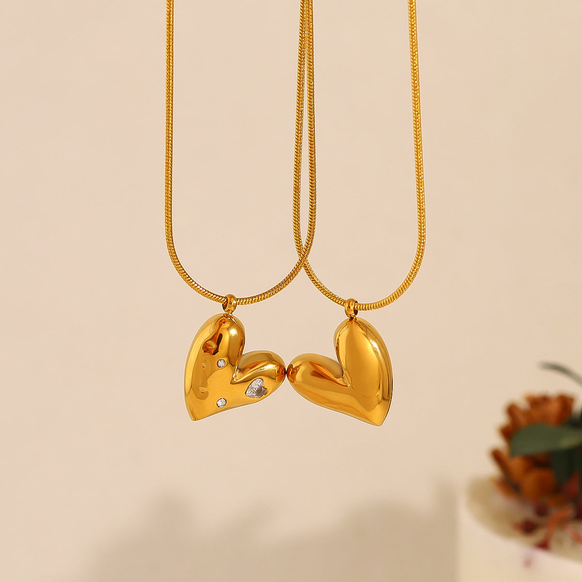 18K Gold Plated Titanium Steel Heart Crystal Pendant Necklace - Simple Fashion Jewelry