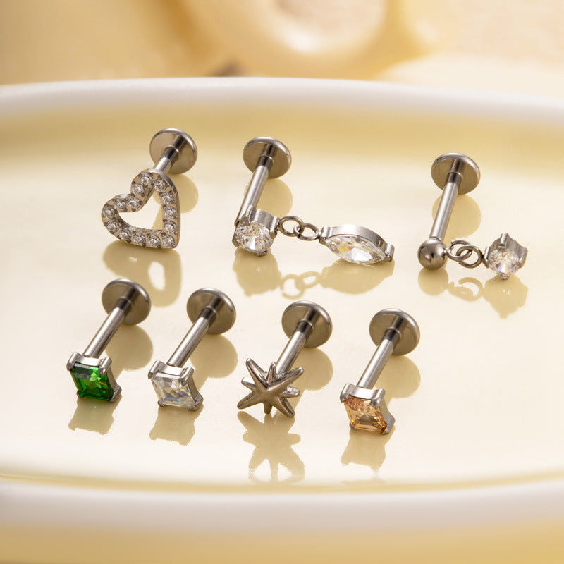F136/G23 Titanium Zircon Push-Pin Labret & Cartilage Stud — Heart, Round, Star, Oval, Green/White/Champagne Marquise