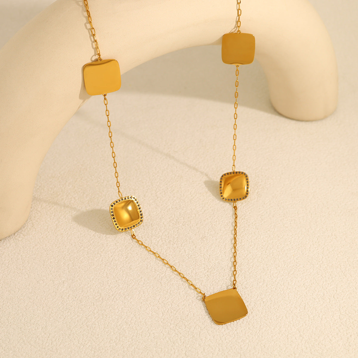 Square Crystal Inlay Long Necklace – 18K Gold-Plated Titanium Steel Jewelry