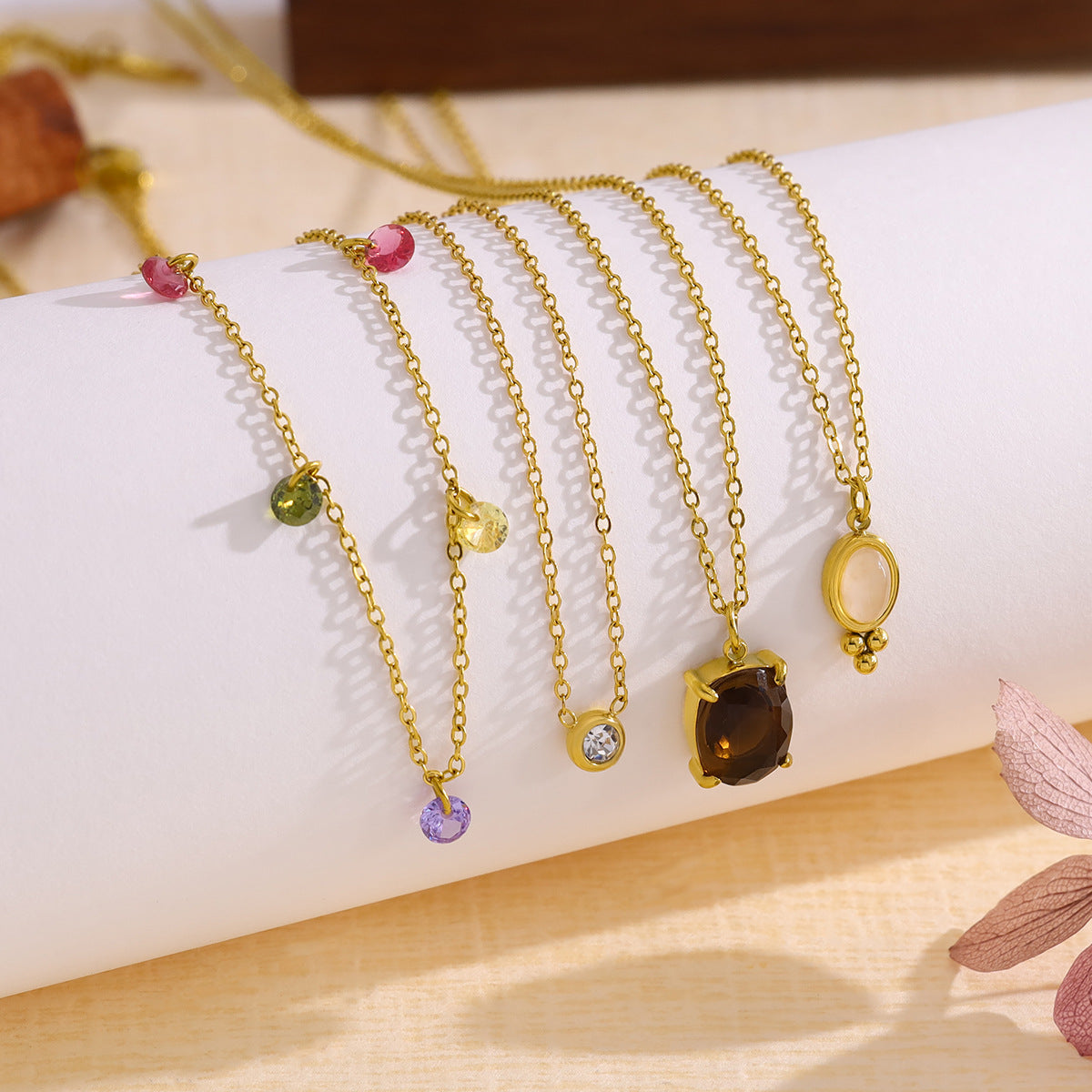 18K Gold Plated Stainless Steel Oval & Round Crystal Pendant Necklace | Colorful Zircon & Rose Quartz Jewelry for Women