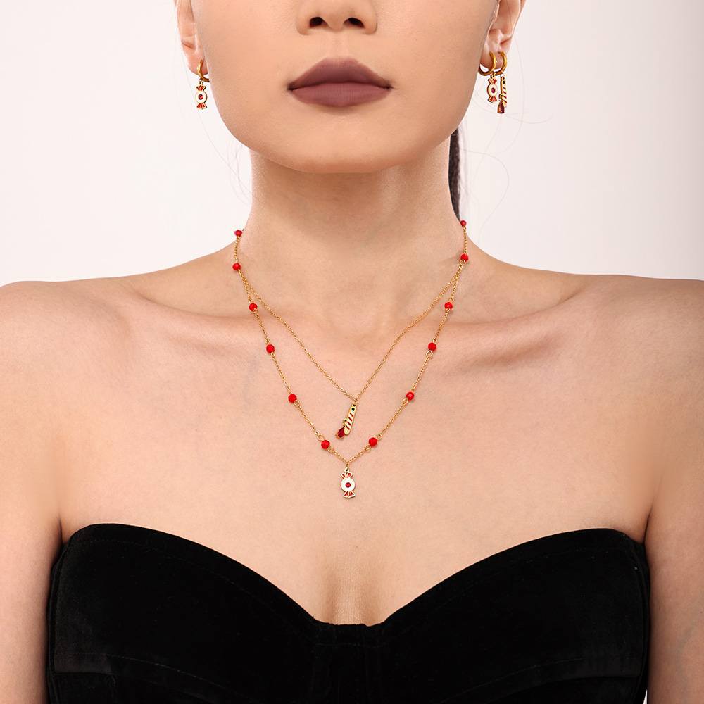 Gold Stainless Steel Christmas Candy Apple Multi-Layer Necklace, Bracelet & Asymmetric Earrings – Holiday Jewelry Gift Set
