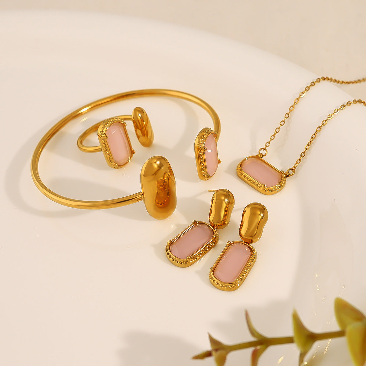 18K Gold Plated Stainless Steel Pink Zircon Jewelry — Bracelet / Ring / Pendant Necklace