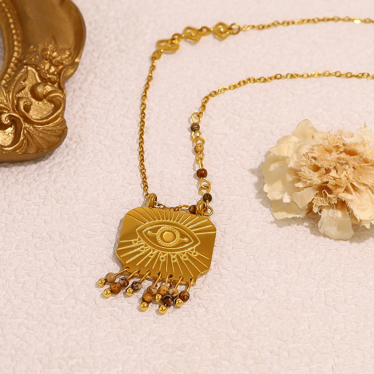 18K Gold Plated Titanium Steel Natural Stone Pendant Necklace (Vintage Style)