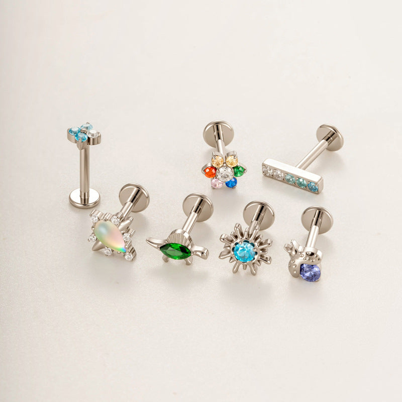 G23/F136 Titanium Colorful CZ Flower & Geometric Flat Back Labret Studs | Hypoallergenic Internally Threaded Piercing Jewelry for Ear, Lip, Cartilage