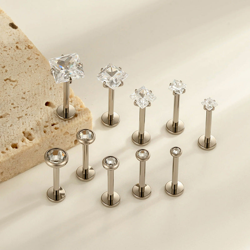 G23/F136 Titanium CZ Internally Threaded Flat-Back Cartilage Stud Earrings – Square, Round Series